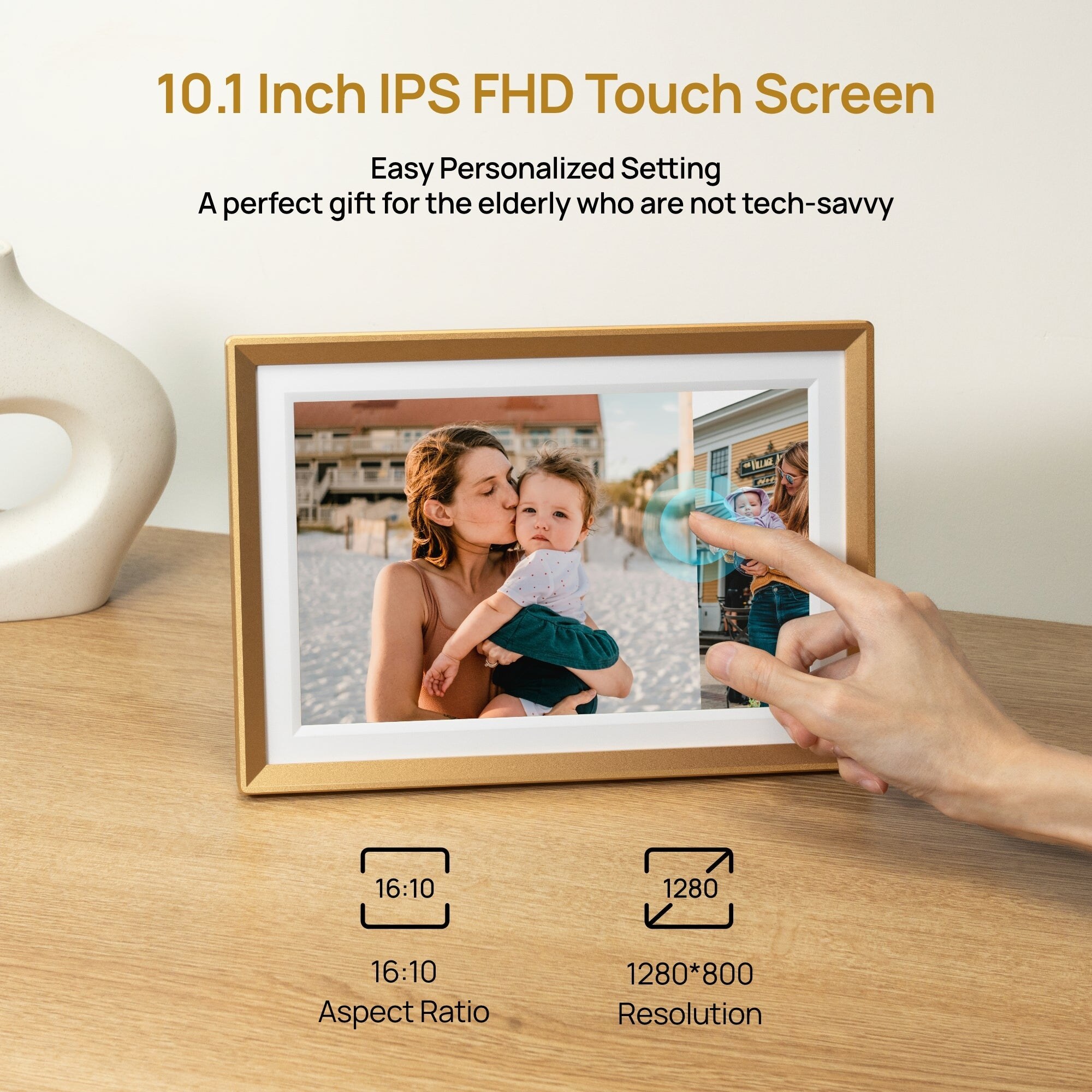 ARZOPA D10 10,1" Wi-Fi digitális képkeret, IPS érintőképernyő, 32 GB, pezsgőarany – kép 2