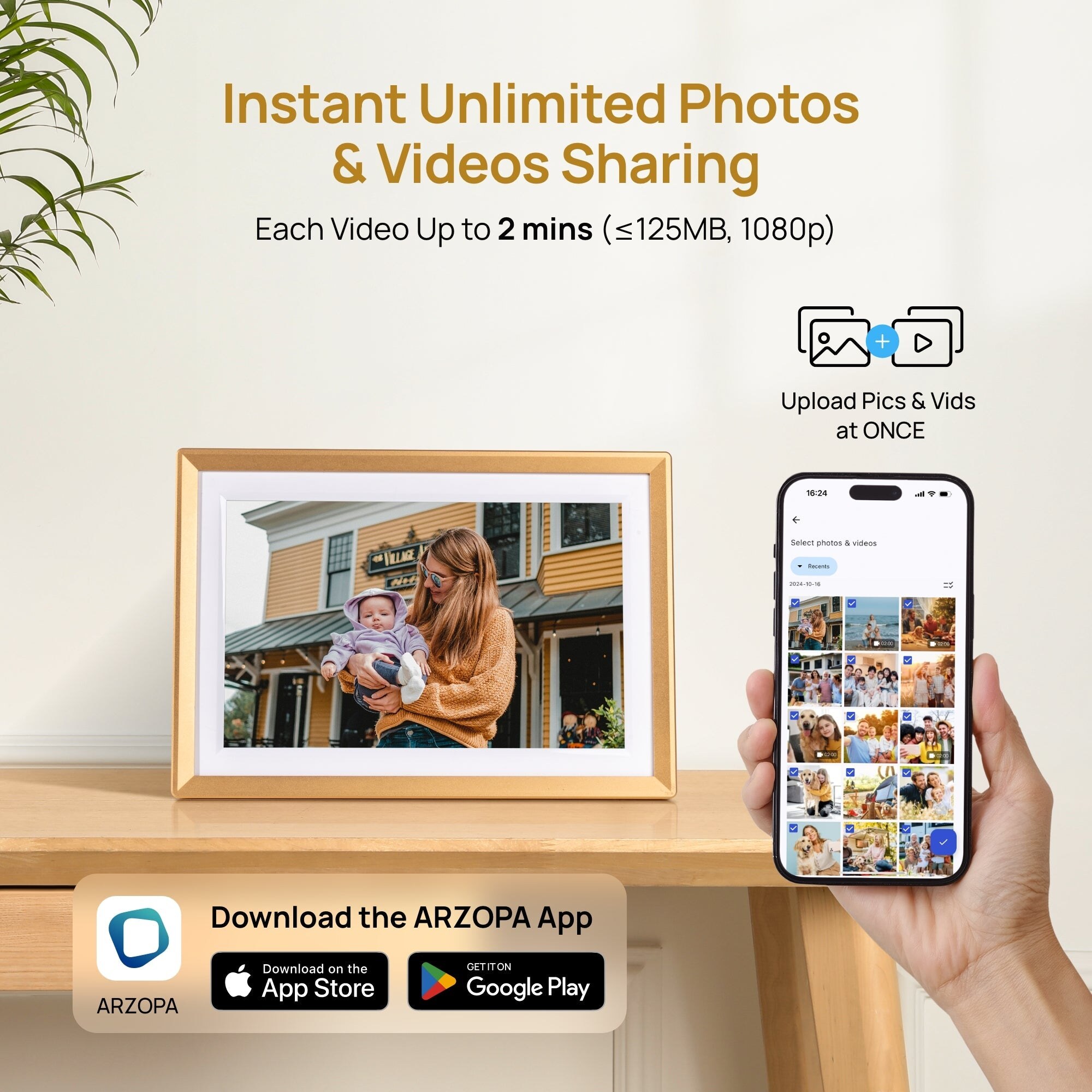 ARZOPA D10 10,1" Wi-Fi digitális képkeret, IPS érintőképernyő, 32 GB, pezsgőarany – kép 4