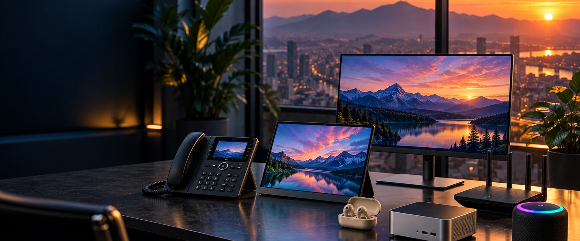 Irodai asztal IP-telefonnal, monitorokkal, routerrel, mini PC-vel és hangszóróval naplementében