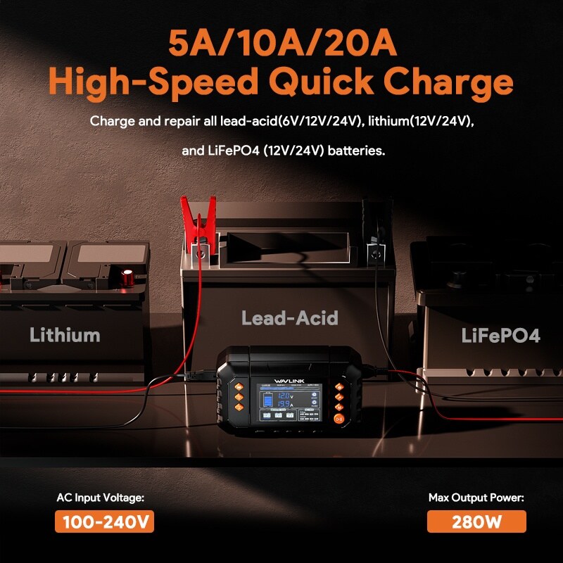 Wavlink GS280C 280 W intelligens akkumulátortöltő, max. 20 A, LCD kijelző – kép 1