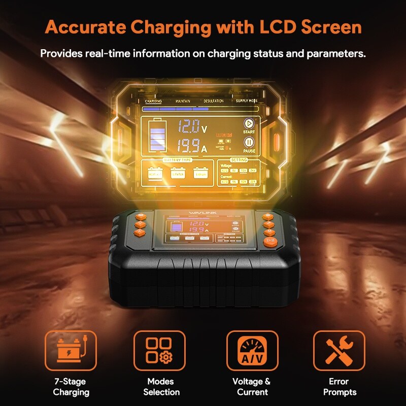 Wavlink GS280C 280 W intelligens akkumulátortöltő, max. 20 A, LCD kijelző – kép 3