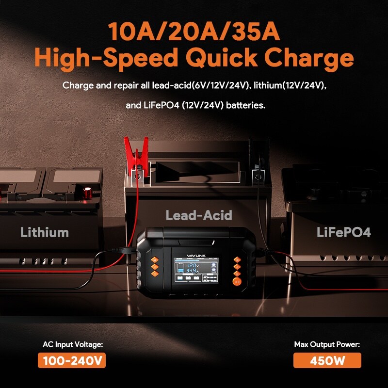 Wavlink GS450C 450 W intelligens akkumulátortöltő, max. 35 A, LCD kijelző – kép 1
