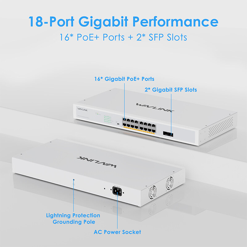 Wavlink NW1602GP 18 portos Gigabit PoE+ switch, 16 PoE port, 250 W, rackbe szerelhető – kép 1