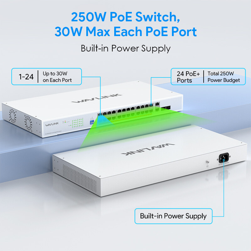 Wavlink NW2422GP 28 portos Gigabit PoE+ switch, 24 PoE port, 250 W, rackbe szerelhető – kép 2