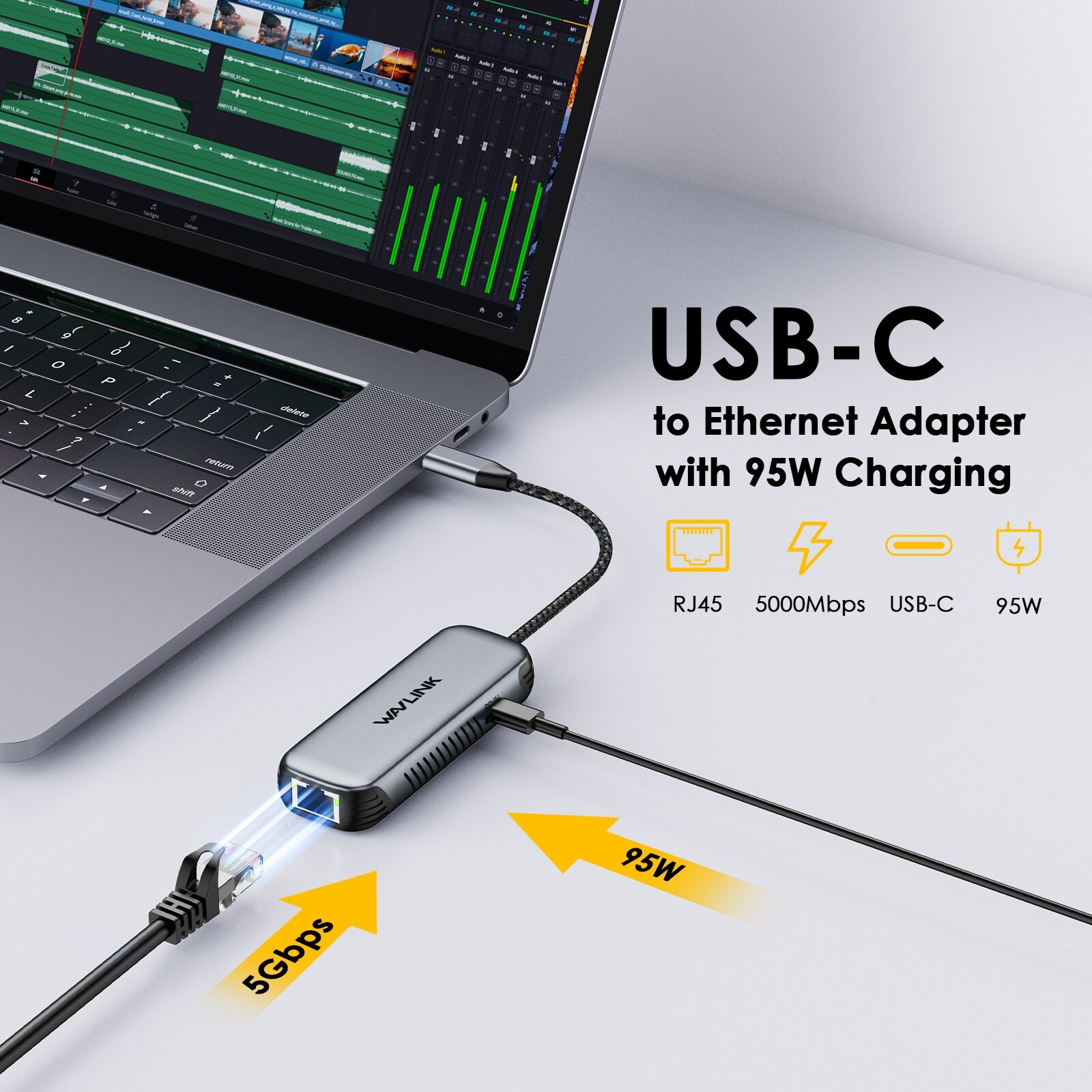 Wavlink NWU340GD USB-C 5 Gbit/s Ethernet adapter, 95 W PD-töltéssel – kép 3