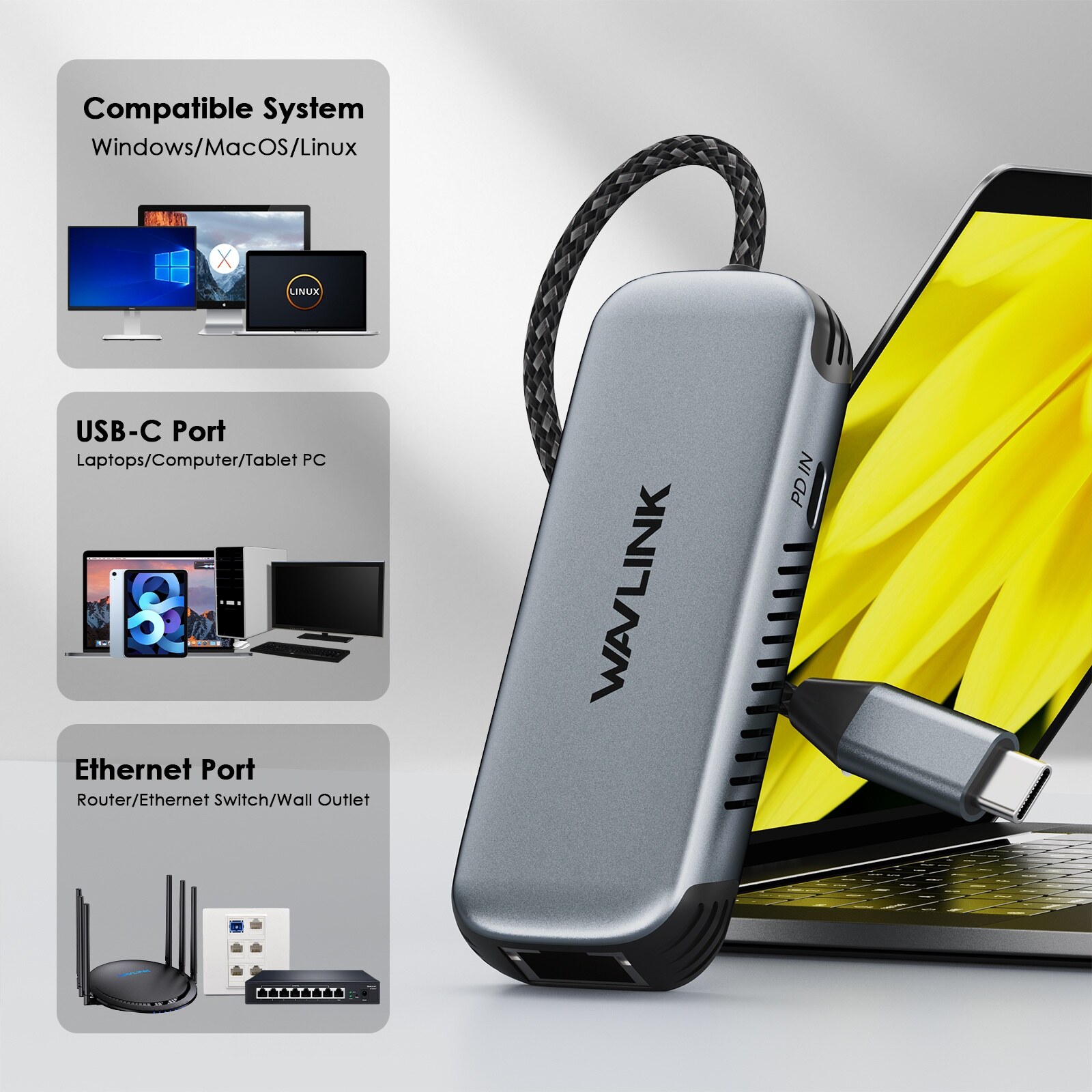 Wavlink NWU340GD USB-C 5 Gbit/s Ethernet adapter, 95 W PD-töltéssel – kép 4