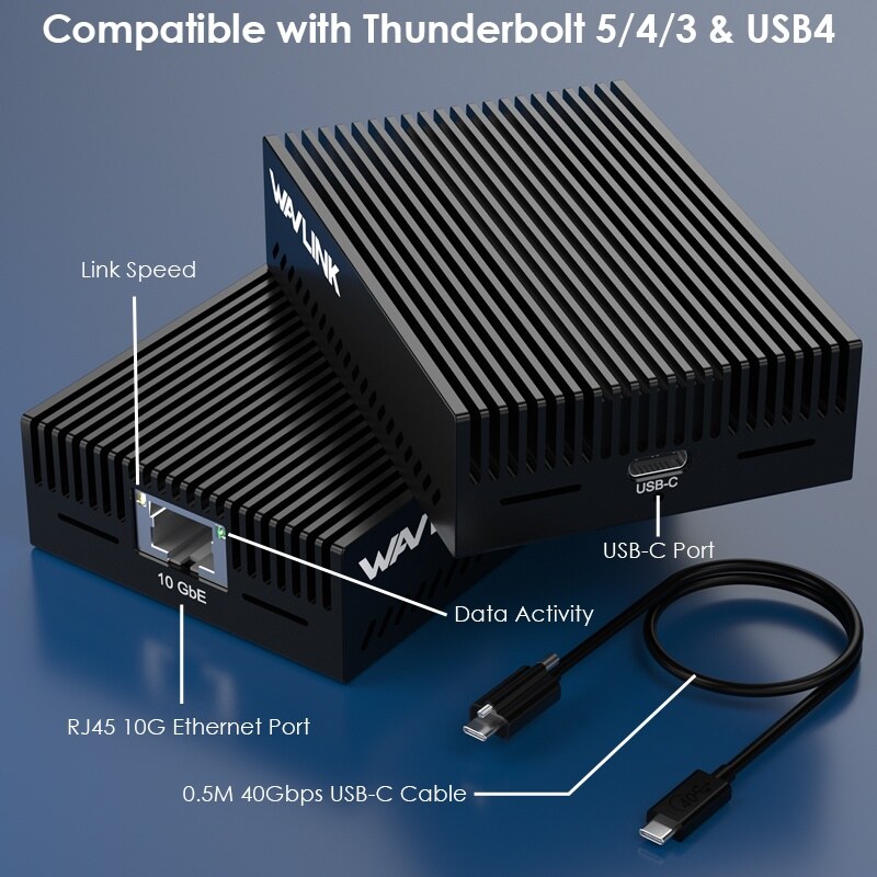 Wavlink NWU342G 10G Ethernet adapter Thunderbolt 3/4/5 és USB4 portra, 40 Gbps kábellel, fekete – kép 1