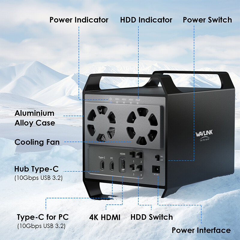 Wavlink RapidFire H4 négyhelyes 3,5" SATA HDD ház, USB-C 10 Gbps, HDMI – kép 1