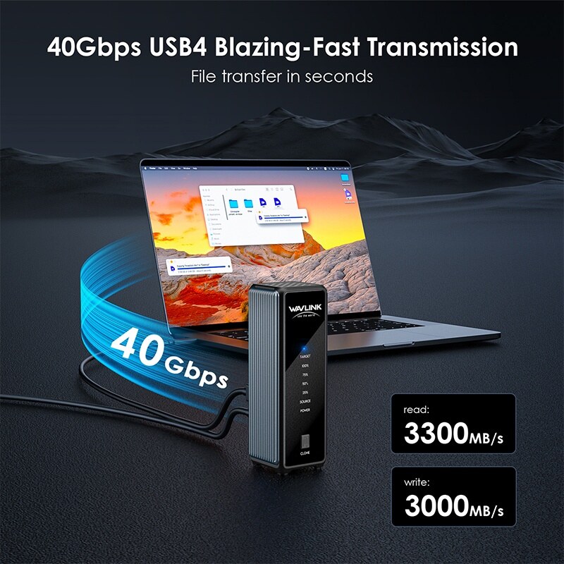 Wavlink RapidFire U4D USB4 dupla M.2 NVMe SSD ház, offline klónozás, 40 Gbps – kép 1