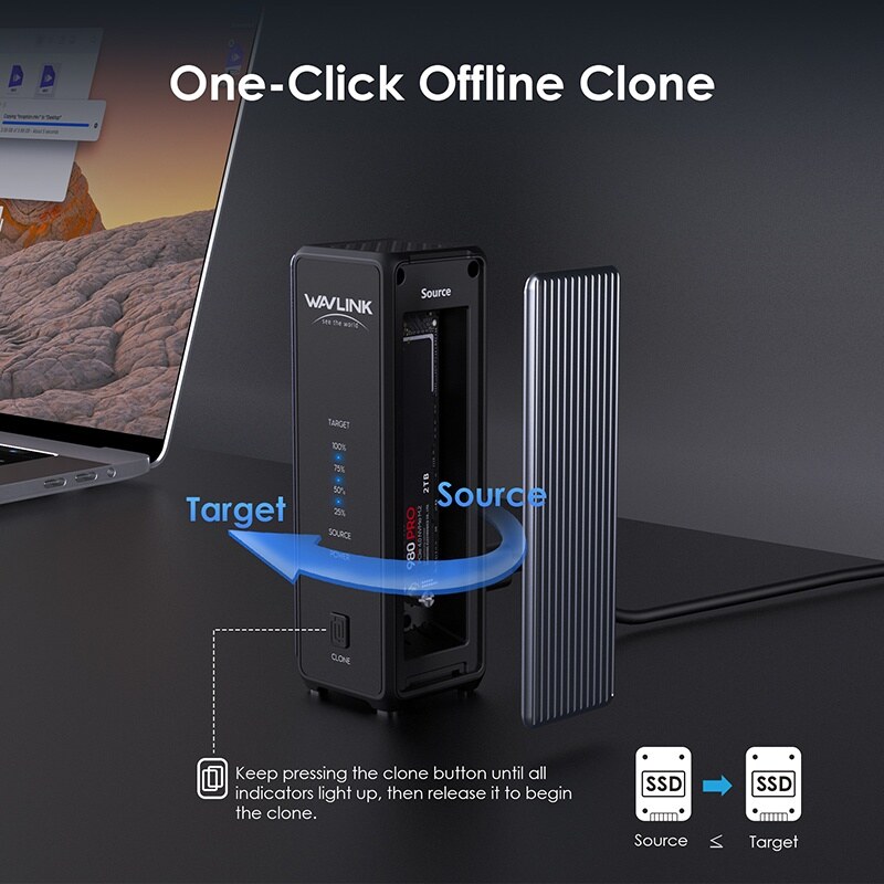 Wavlink RapidFire U4D USB4 dupla M.2 NVMe SSD ház, offline klónozás, 40 Gbps – kép 3