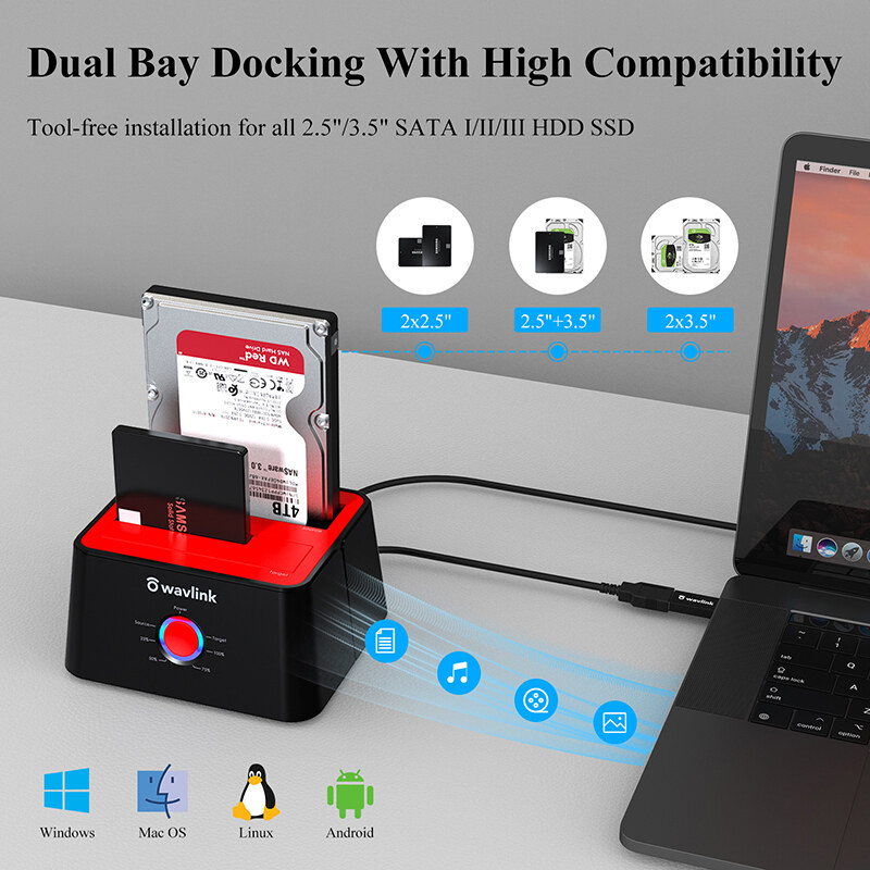 Wavlink ST334UA USB 3.0 kétfiókos HDD/SSD dokkoló, offline klónozás, piros – kép 1