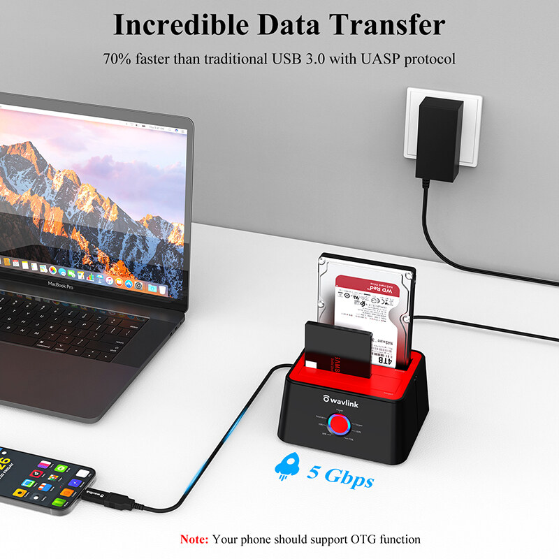 Wavlink ST334UA USB 3.0 kétfiókos HDD/SSD dokkoló, offline klónozás, piros – kép 2