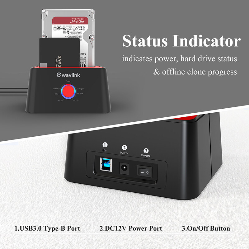 Wavlink ST334UA USB 3.0 kétfiókos HDD/SSD dokkoló, offline klónozás, piros – kép 4