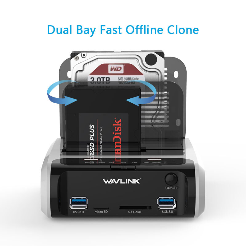 Wavlink ST336A USB 3.0 kétpozíciós HDD dokkoló, klónozás, kártyaolvasó, hub, fekete – kép 1