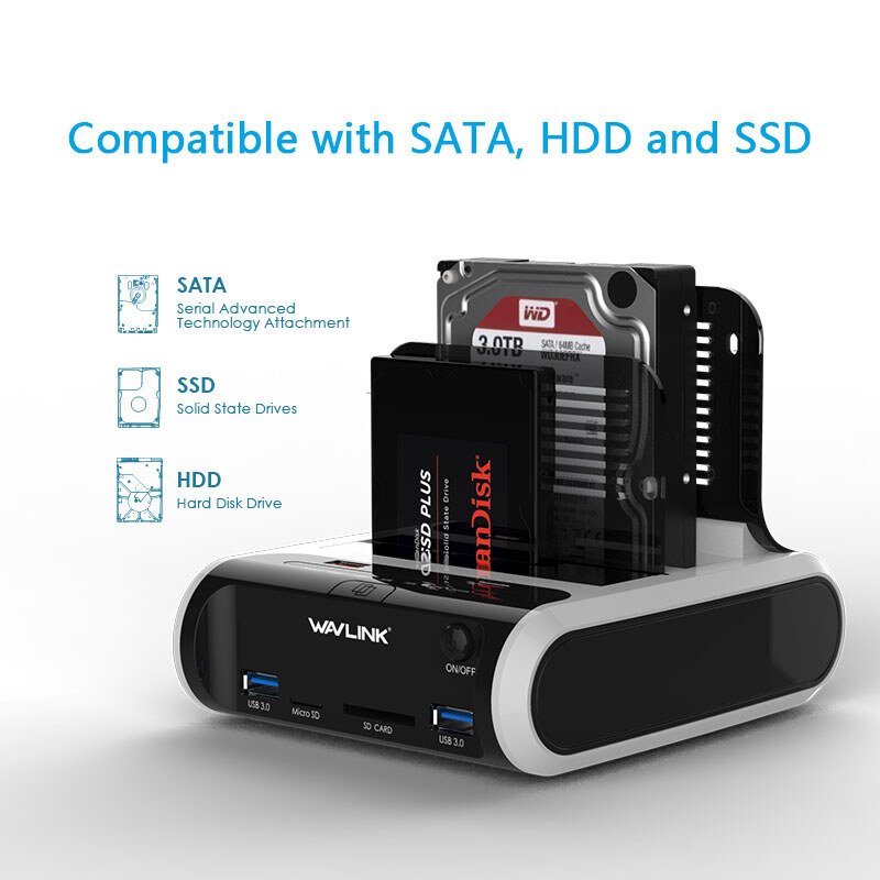 Wavlink ST336A USB 3.0 kétpozíciós HDD dokkoló, klónozás, kártyaolvasó, hub, fekete – kép 2