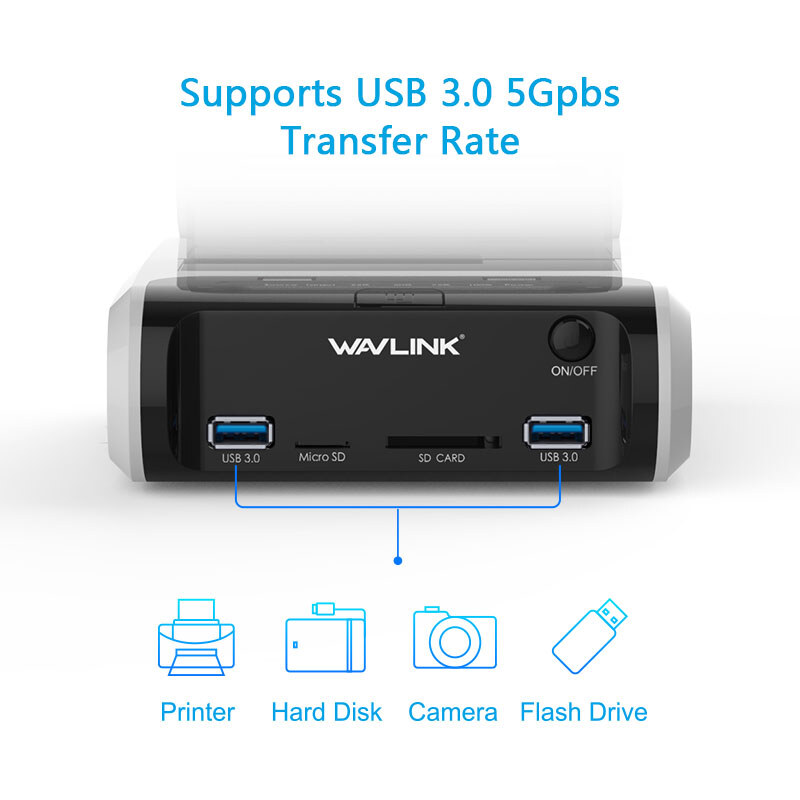Wavlink ST336A USB 3.0 kétpozíciós HDD dokkoló, klónozás, kártyaolvasó, hub, fekete – kép 3