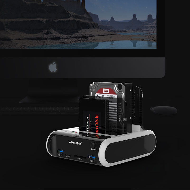 Wavlink ST336A USB 3.0 kétpozíciós HDD dokkoló, klónozás, kártyaolvasó, hub, fekete – kép 4