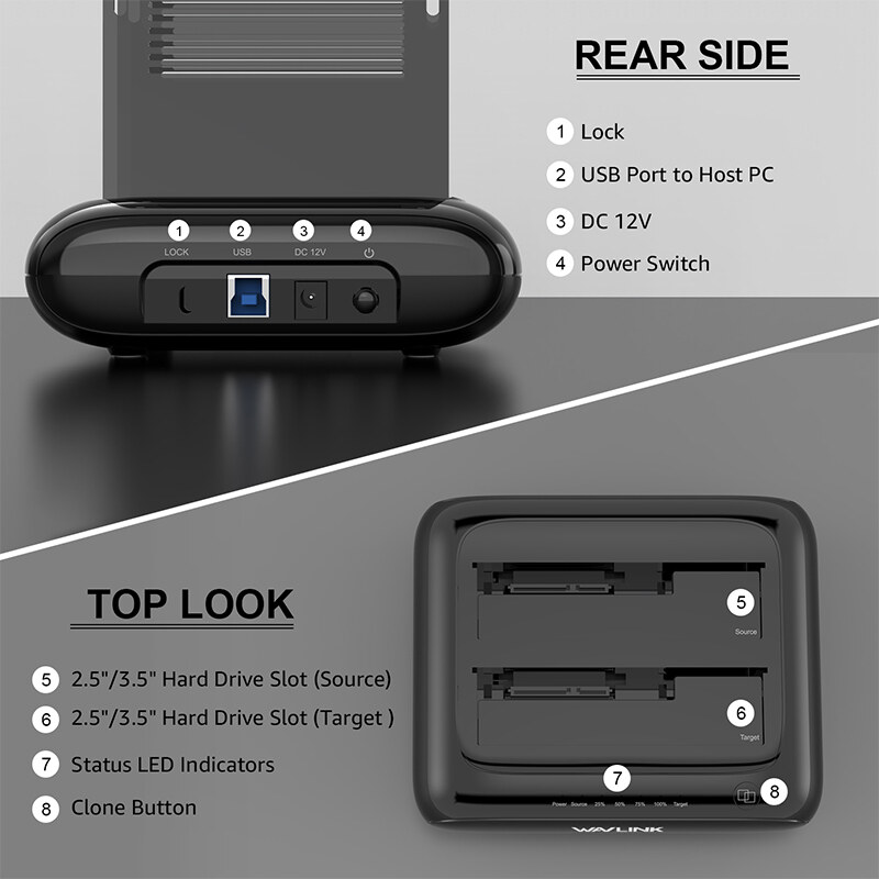 Wavlink ST341UA USB 3.0 kétpozíciós HDD/SSD dokkoló, offline klón, OTG, fekete/piros – kép 1