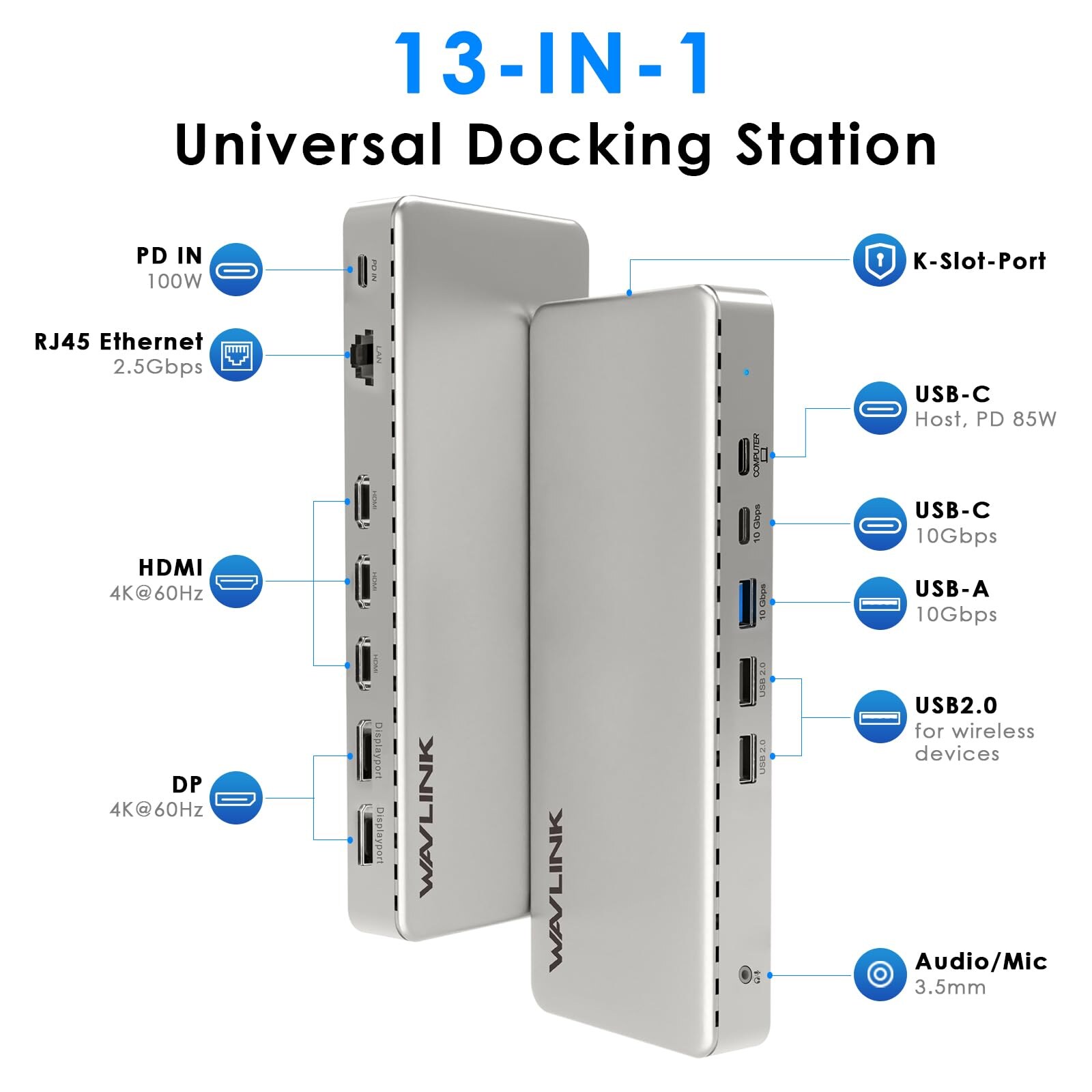 Wavlink UG77PD1 13 az 1-ben univerzális dokkoló, tripla 4K (3× HDMI, 2× DP), 2,5 GbE, 85 W PD – kép 1