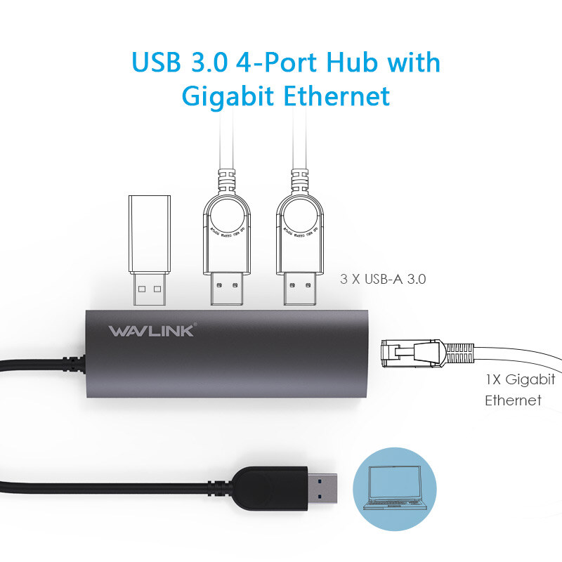 Wavlink UH3031G USB 3.0 hub, 3 portos, Gigabit Ethernettel, alumínium – kép 1