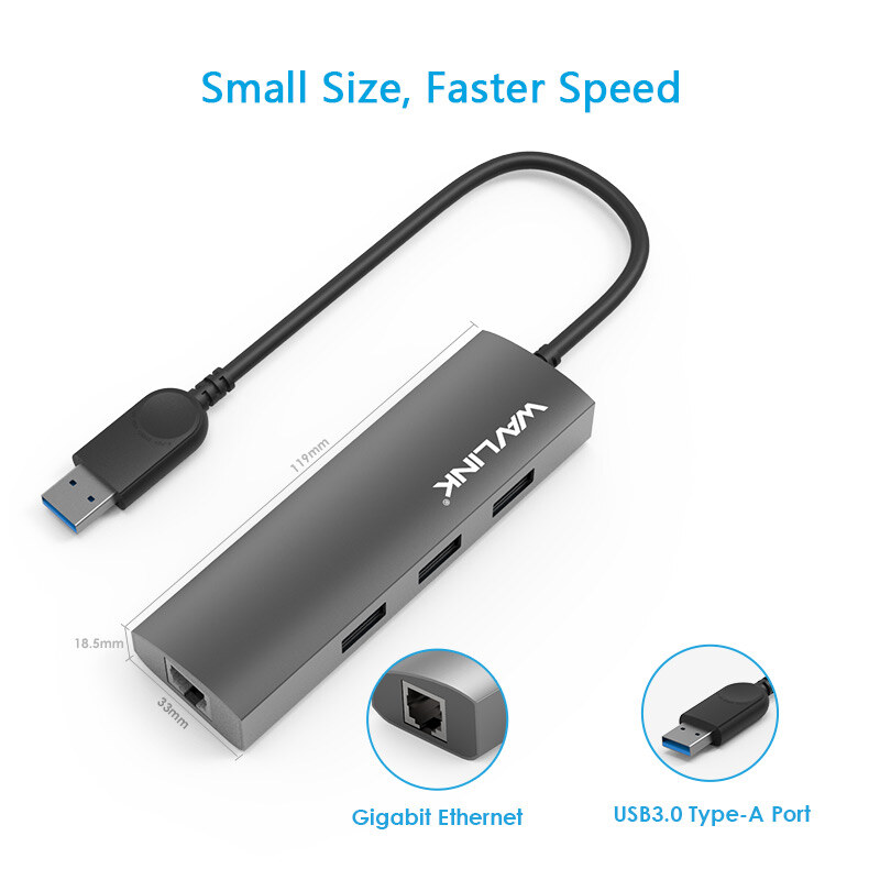 Wavlink UH3031G USB 3.0 hub, 3 portos, Gigabit Ethernettel, alumínium – kép 2