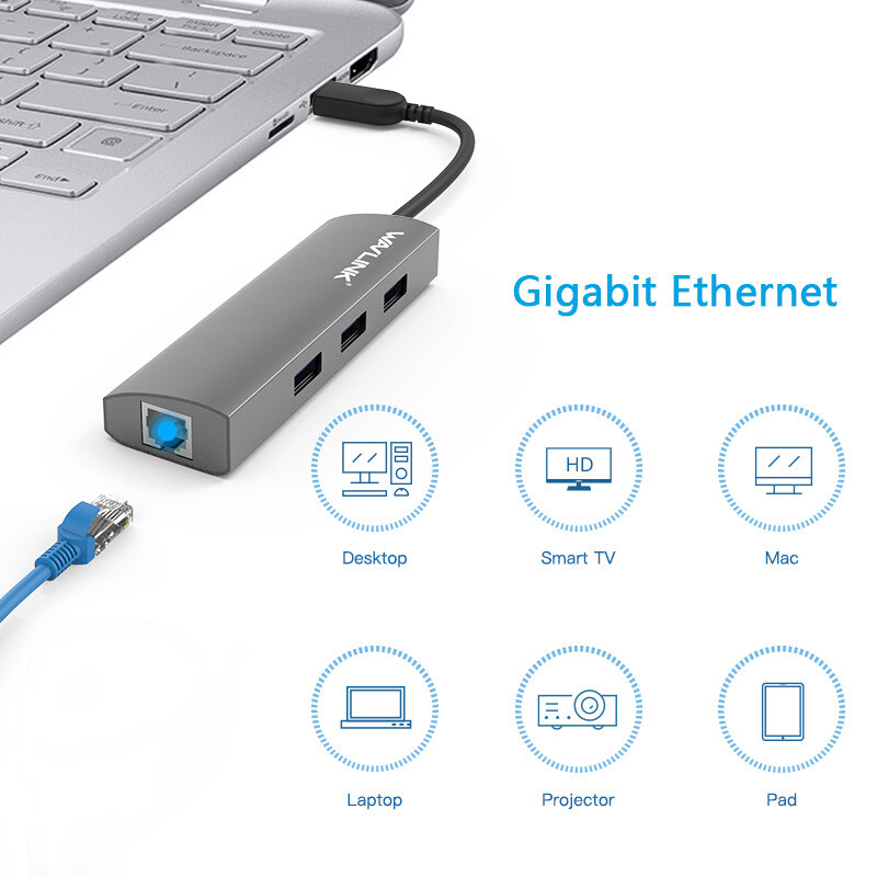 Wavlink UH3031G USB 3.0 hub, 3 portos, Gigabit Ethernettel, alumínium – kép 3