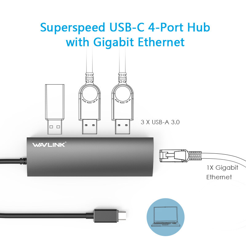 Wavlink UH3031GC USB-C hub, 3 USB-A + Gigabit Ethernet, alumínium – kép 1