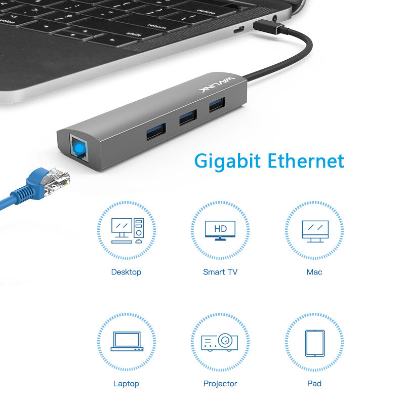 Wavlink UH3031GC USB-C hub, 3 USB-A + Gigabit Ethernet, alumínium – kép 3