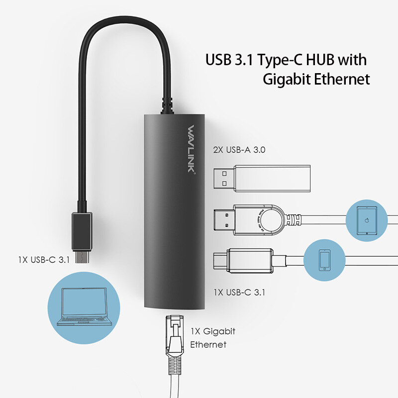 Wavlink UH3031GC1 USB-C hub, 2 USB-A + USB-C + Gigabit Ethernet, alumínium – kép 1