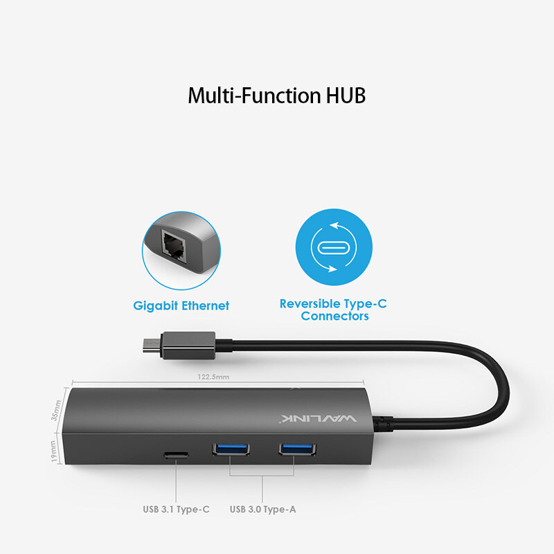Wavlink UH3031GC1 USB-C hub, 2 USB-A + USB-C + Gigabit Ethernet, alumínium – kép 2
