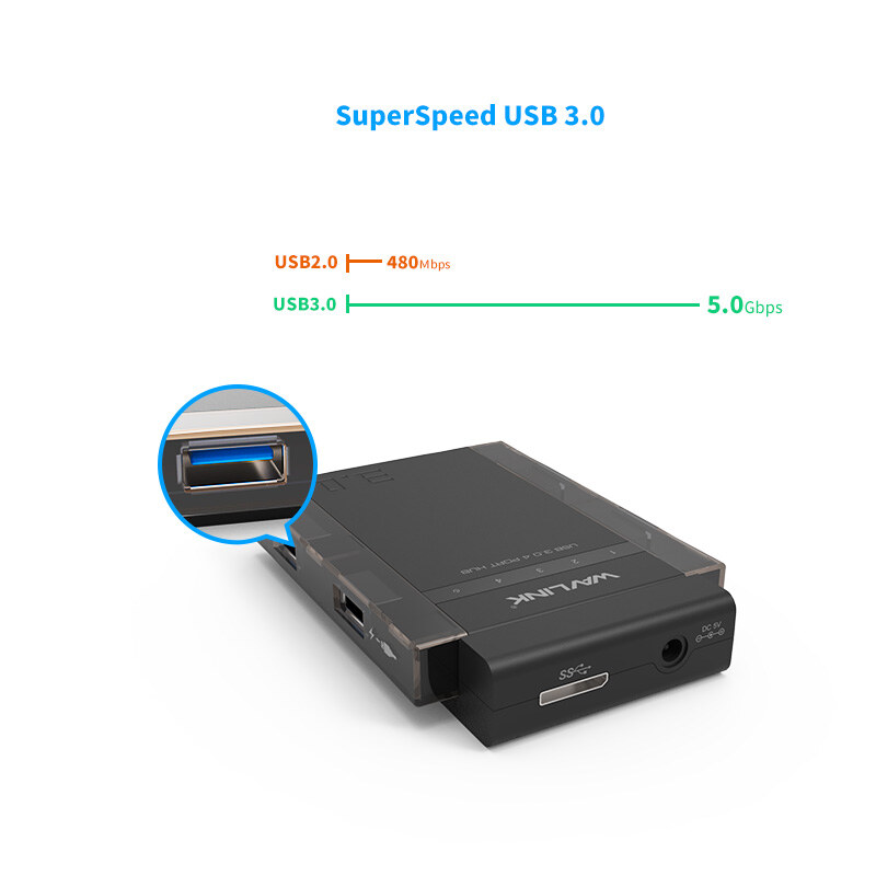 Wavlink UH3041P USB 3.0 hub, 4 portos, gyorstöltő porttal, külső tápegységgel – kép 2