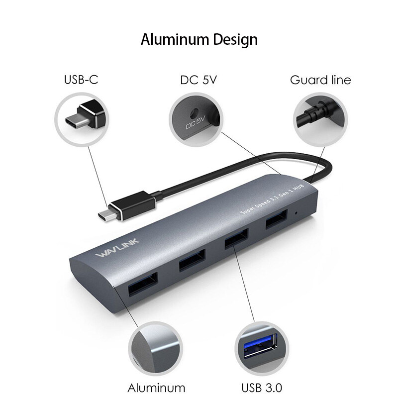 Wavlink UH3047C USB-C hub, 4 x USB 3.0, alumínium, szürke – kép 1