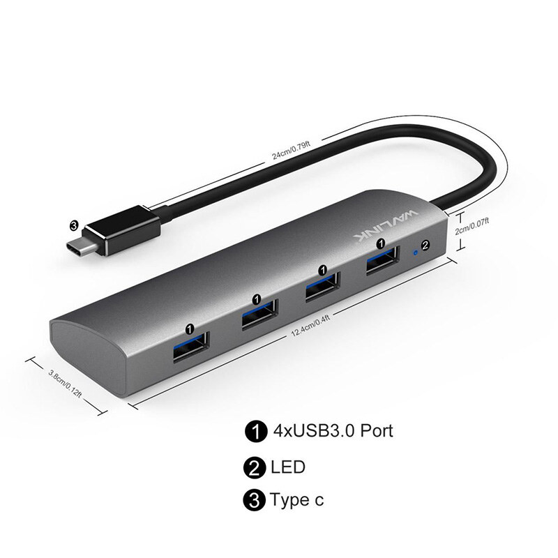 Wavlink UH3047C USB-C hub, 4 x USB 3.0, alumínium, szürke – kép 2