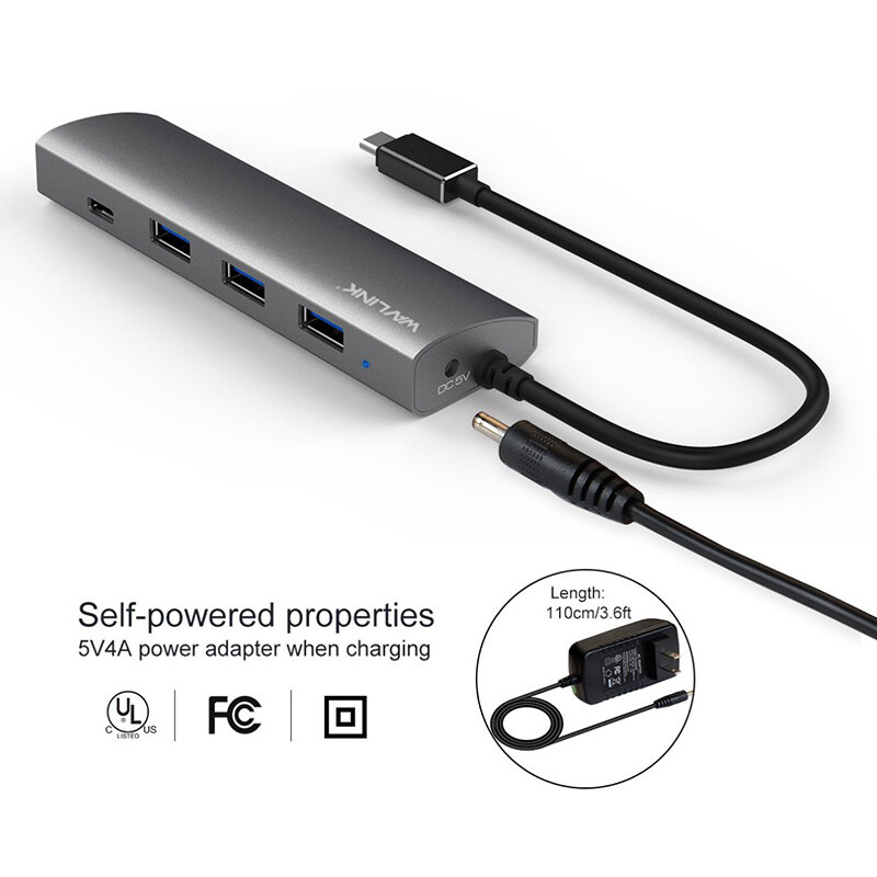 Wavlink UH3047C1 USB 3.0 hub, 3 x USB-A + USB-C, alumínium, ezüst – kép 2