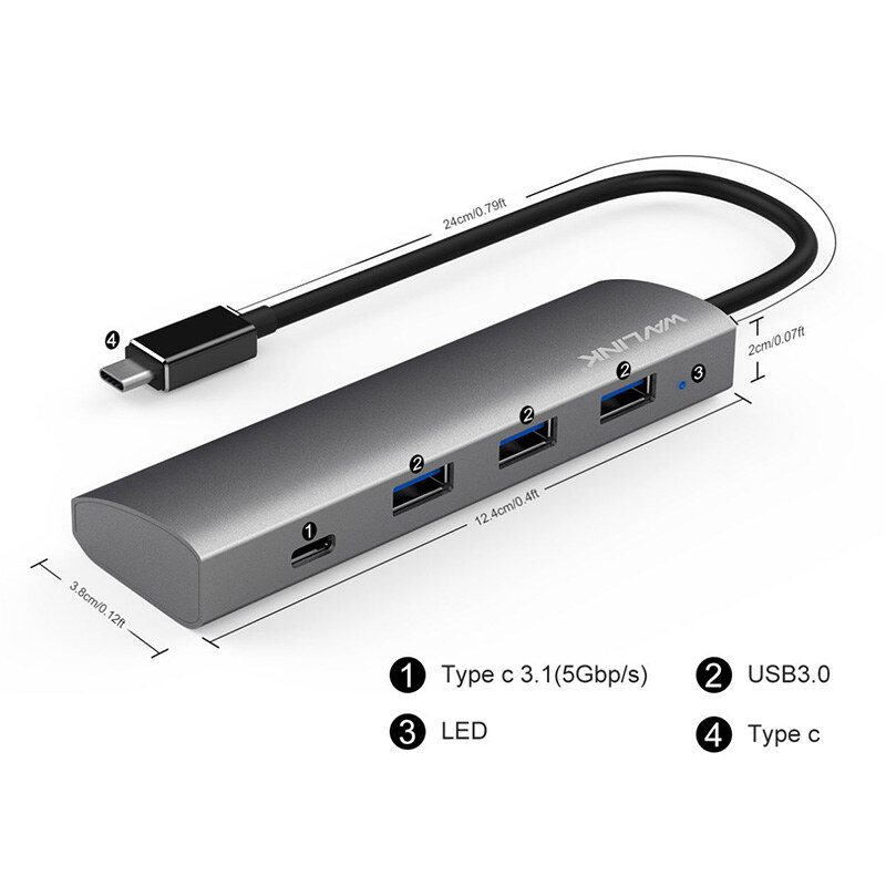 Wavlink UH3047C1 USB 3.0 hub, 3 x USB-A + USB-C, alumínium, ezüst – kép 3