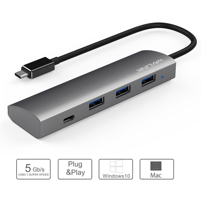 Wavlink UH3047C1 USB 3.0 hub, 3 x USB-A + USB-C, alumínium, ezüst – kép 4
