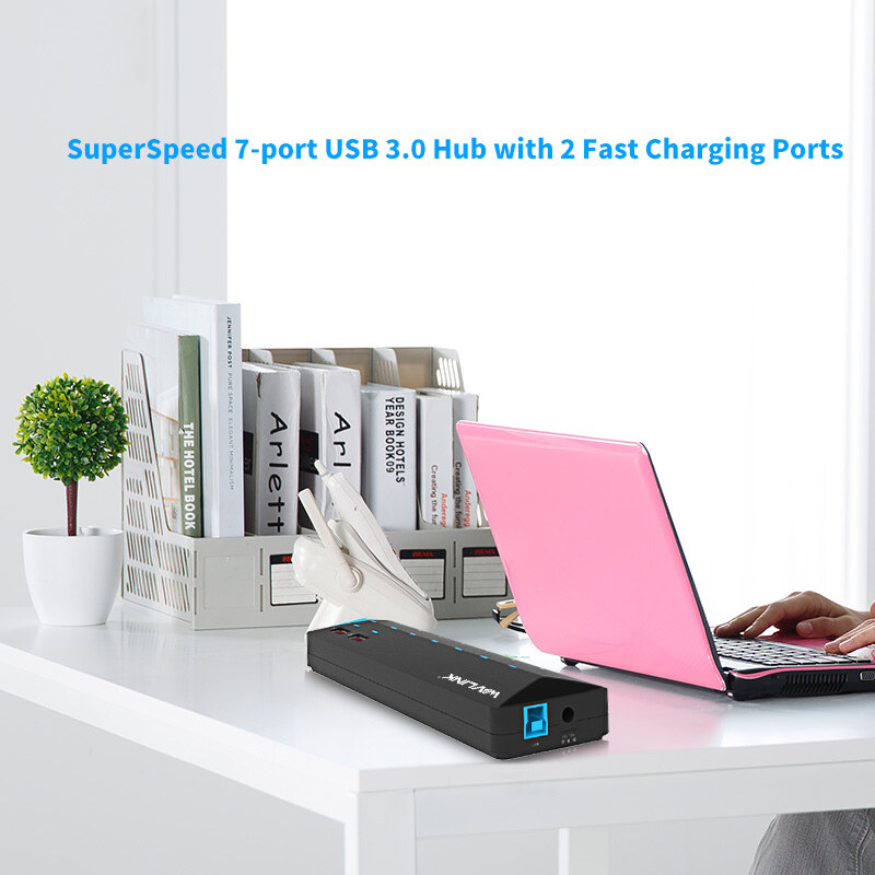 Wavlink UH3073P2 USB 3.0 hub, 10 portos, 2 gyorstöltő porttal, 12 V tápegységgel – kép 1
