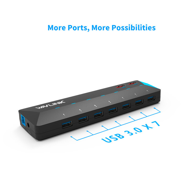 Wavlink UH3073P2 USB 3.0 hub, 10 portos, 2 gyorstöltő porttal, 12 V tápegységgel – kép 2