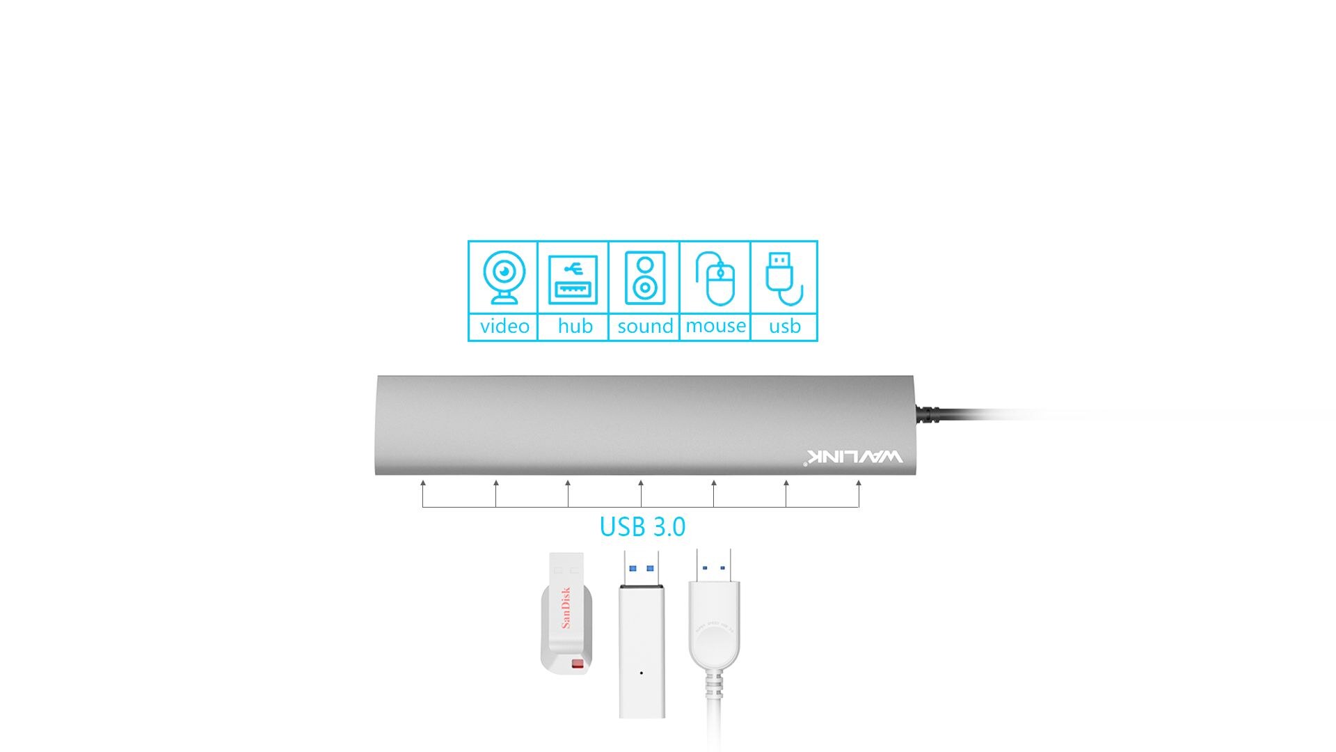 Wavlink UH3074 USB 3.0 hub, 7 portos, alumínium – kép 1