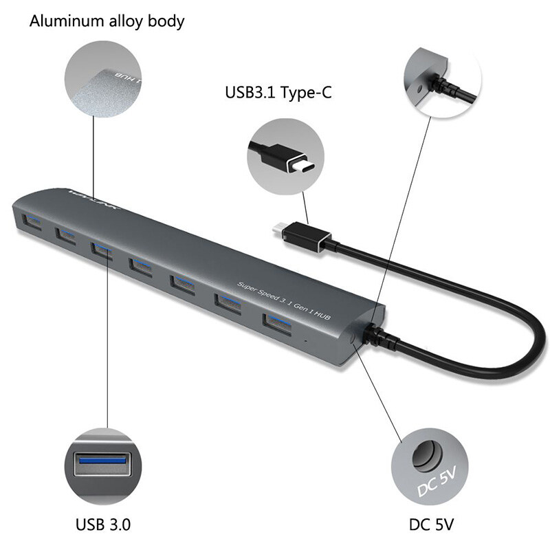 Wavlink UH3074C USB-C – 7 portos USB 3.0 hub, alumínium – kép 3