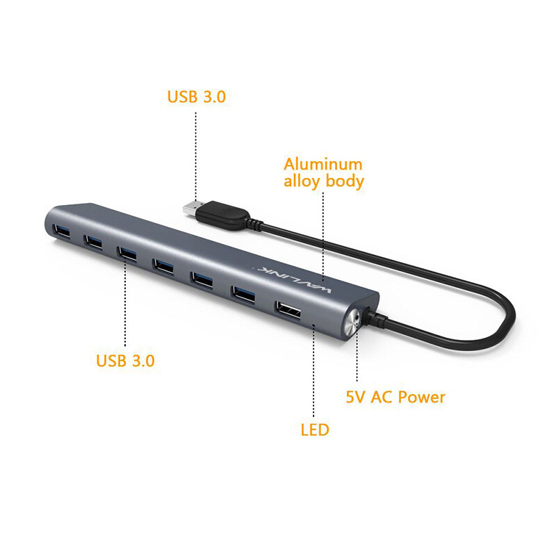 Wavlink UH3075 USB 3.0 hub, 7 portos, alumínium – kép 1