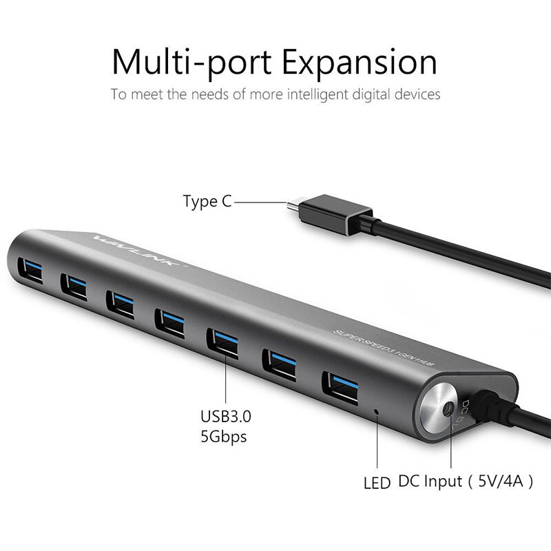 Wavlink UH3075C USB-C – 7 portos USB 3.0 hub, alumínium – kép 2