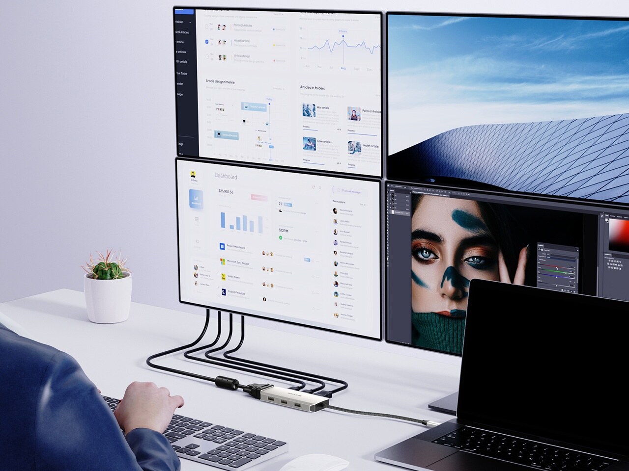 Wavlink UMD304 USB-C mini dokkoló, 4 monitor (2× HDMI, DP, VGA), 7 az 1-ben – kép 3