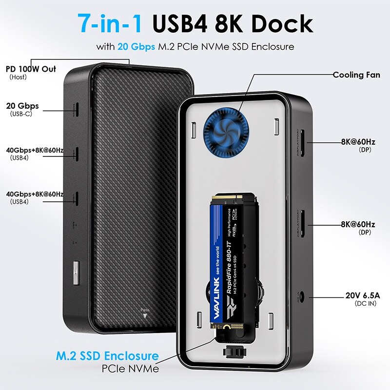 Wavlink UMD4406 USB4 dokkoló, 7 az 1-ben, 8K, 40 Gbps, M.2 NVMe SSD-házzal – kép 2