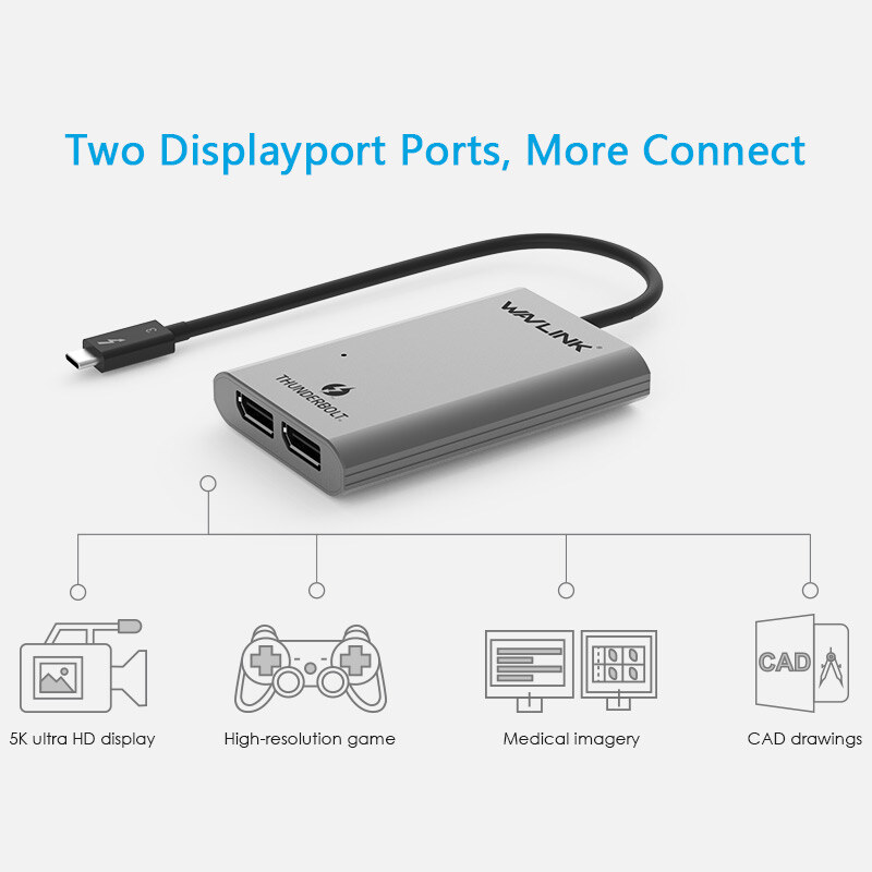 Wavlink UTA03D Thunderbolt 3 - kettős DisplayPort adapter, ezüst – kép 3