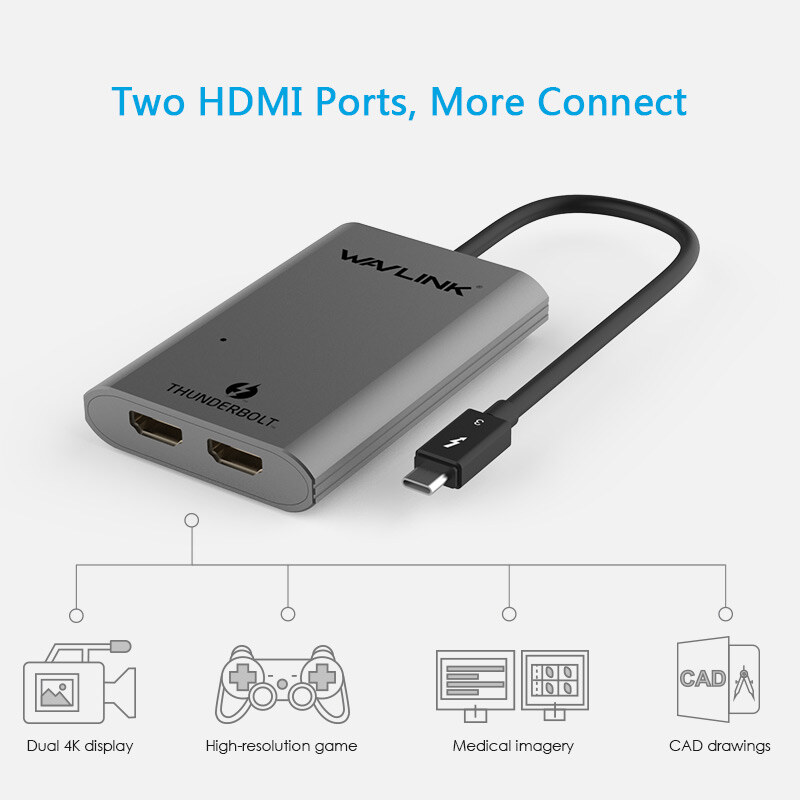 Wavlink UTA03H Thunderbolt 3 - kettős HDMI adapter, 2 x 4K, ezüst – kép 3