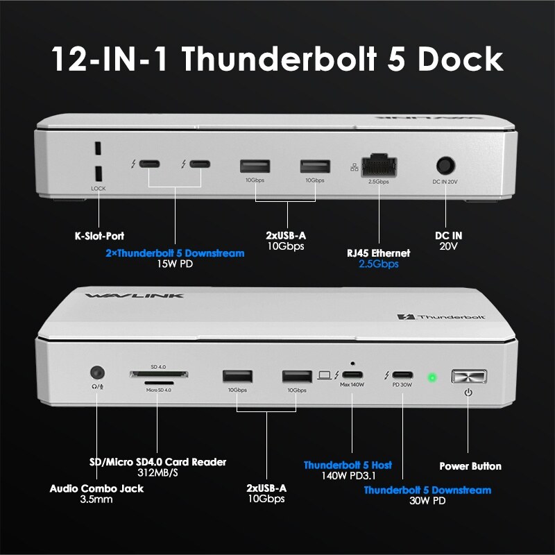 Wavlink UTD59 12 az 1-ben Thunderbolt 5 dokkoló, 120 Gbps, 140 W PD – kép 1