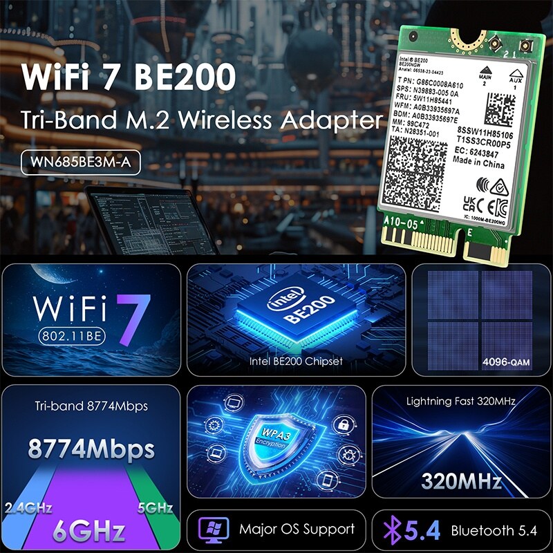 Wavlink WN685BE3M BE8800 Wi-Fi 7 M.2 modul, Bluetooth 5.4, háromsávos – kép 1