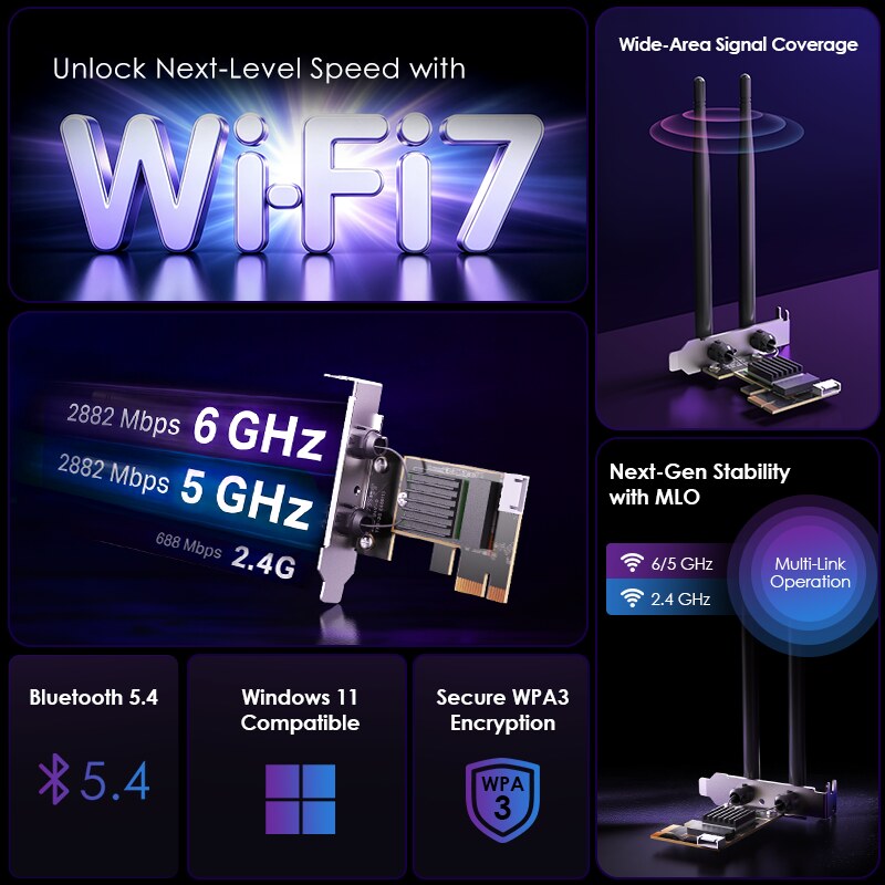 Wavlink WN922BE3-C BE6500 Wi-Fi 7 PCIe hálózati kártya, Bluetooth 5.4 – kép 1